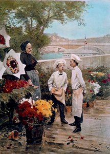 Protektorfesten Lærlinge blomsterhandlere og en blomsterbutik på kajen. Stik efter maleriet af Victor Gabriel Gilbert (1847-1933) 1800-tallet. Paris, dekorativ kunst