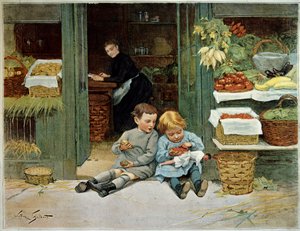 Besøg ham. Barn spiser toast foran deres mors dagligvarer. Den lille pige har en dukke på knæene. Maleri af Victor Gilbert (1847-1935). Paris, dekorativ kunst af Victor Gabriel Gilbert
