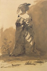 Kvinde iført overfrakke og fjerhat (pen og blæk og vask på papir) af Victor Hugo