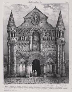 Romansk facade af kirken Notre Dame la Grande, Poitiers, Frankrig (litho)