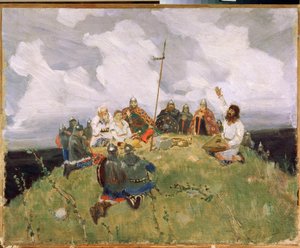 Boyan jouant du gousli (gusli, housli, husli) i det 11. århundrede (Boyan spiller gusli) - Værk af Viktor Mikhaylovich Vasnetsov (1848-1926), olie på pap af Victor Mikhailovich Vasnetsov
