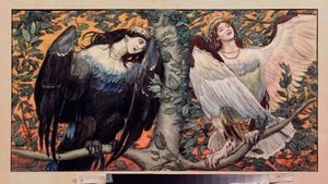Sirin og Alkonost, A Song Of Joy And Sorrow (Sirin and Alkonost, A Song Of Joy And Sorrow) Profetiske fugle med kvindeansigt fra russisk folklore - Kunstværk af Viktor Mikhaylovich Vasnetsov (1848-1926), akvarel på papir
