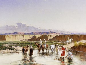 Arabiske ryttere vander i en oase,