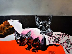 Sfinxkatte og en kvinde
