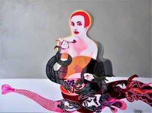 Surrealistisk scene med en kvinde ved havet af Victor Tkachenko