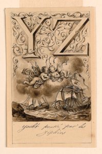 Design til bogstaverne Y og Z i en primer: Yacht/Zéphir (Yachts drevet af Zephyrs) af Victor Vincent Adam