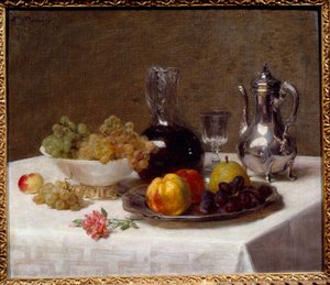 Bordhjørne Stilleben af frugt (druer, kvæde og pære), sølvtøj og vinkande. Maleri af Victoria Dubourg (1840-1926) 20. århundrede søn. 0,52x0,63 m Grenoble, Musee des Beaux Arts af Victoria Dubourg
