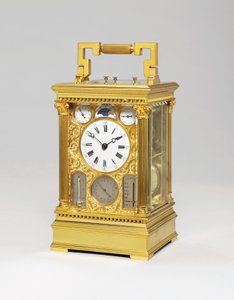 Fransk messing grande sonnerie otte dages vognur med fuld kalender, månefase, barometer og termometer, ca. 1880 af Victorien Boseet