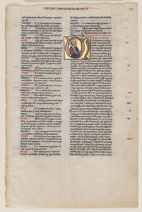 Blad med initial fra en latinsk bibel: Initial M: St. Paul med et sværd og en bog af Vienna Moralized Bible Workshop