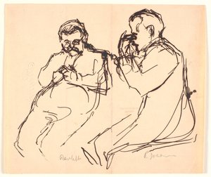 Figurskitse. To siddende mænd: Aarsleff og P. Johansen af Viggo Johansen