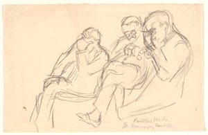 Figurskitse. Tre siddende mænd: Fr. Henningsen, Aarsleff og P. Johansen af Viggo Johansen