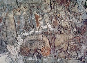 Detalje af et dyr, der trækker en vogn, fra et gobelin fundet med Oseberg-skibet (tekstil)