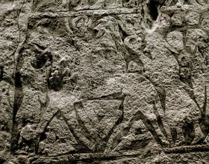 De døde rider på Odins hest, detalje af en vikingebegravelsessten, 7.-8. århundrede e.Kr. af Viking