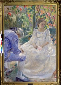 ""Efterårets melodi"" (En efterårsmelodi). Galant scene mellem en mand og en kvinde, der holder en blomst i hånden. De er klædt i 1700-tallets mode og virker triste (brud?). Maleri af Viktor (Victor) Elpidiforovich Borisov af Viktor Elpidiforovich Borisov Musatov