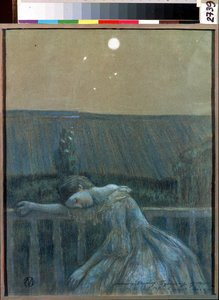 ""Sorgen"" (Sorgen) En desperat ung pige, der læner sig op ad et rækværk. Akvarel og pastel af Viktor (Victor) Elpidiforovich Borisov-Musatov (Borisov Musatov) (1870-1905) (symbolik) 1903 Statens Museum for Historie og Kunst Serpukhov (Serpukhov).