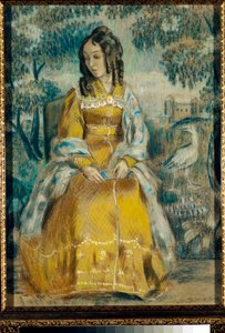 Portræt af Nadezhda Stanyukovich foran et gobelin, eftertænksom, iført krinolinkjole - Tegning af Viktor (Victor) Elpidiforovich Borisov-Musatov (Borisov Musatov) (1870-1905)