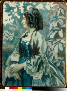 Portræt af en kvinde, lukkede øjne, eftertænksom, iført en krinolinkjole - Kunstværk af Viktor (Victor) Elpidiforovich Borisov-Musatov (Borisov Musatov) (1870-1905)