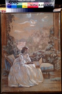 ""Romance"" Ung dame spiller xylofon. Akvarel af Viktor (Victor) Elpidiforovich Borisov Musatov (Borisov-Musatov) (1870-1905) Det regionale kunstmuseum omkring 1900, Arkhangelsk