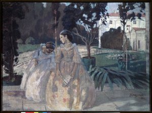 Gobelin. To elegante unge kvinder går i haven til en velhavende ejendom. Maleri af Viktor (Victor) Elpidiforovich Borisov Musatov (Borisov-Musatov) (1870-1905). tempera på lærred