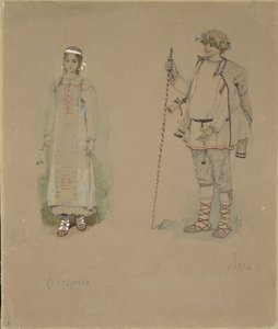 Snow Maiden og Lel. Kostumedesign til operaen Snow Maiden af N. Rimsky-Korsakov, 1885 af Viktor Mikhaylovich Vasnetsov
