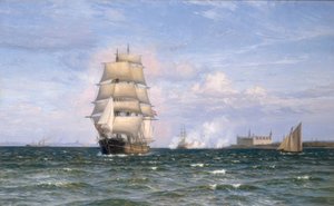 Dansk pram foran Kronborg Slot og Helsingør i det fjerne af Vilhelm Arnesen