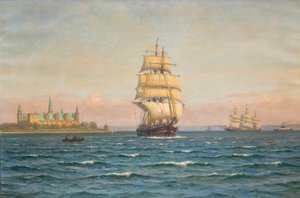 Sejlskibe og en færge ud for Kronborg. af Vilhelm Arnesen