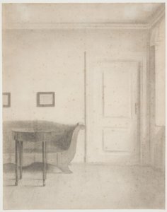 Interiør med sofa og lille bord, t.h. en dør af Vilhelm Hammershøi