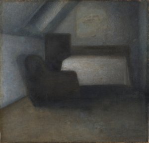 Loftsværelse med bord og stol af Vilhelm Hammershøi