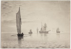 Skibe i stille vejr på søen af Vilhelm Kyhn