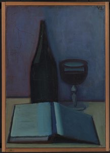 Stilleben med en bog, et glas og en flaske af Vilhelm Lundstrøm