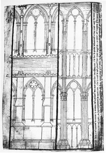 Faksimilekopi af fru Fr 19093 fol.31v Eksteriør og indvendig forhøjning af sidevæggene i Reims katedral
