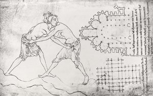 Ms.Fr.19093 fol.14v To wrestlere, plan af en cistercienserkirke og plan for koret i Notre-Dame de Cambrai (faksimilekopi)