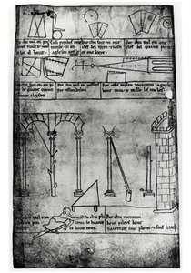 Ms.Fr.19093 fol.20v Geometriske figurer til konstruktion, buer og mand, der måler højden af et tårn (faksimilekopi)