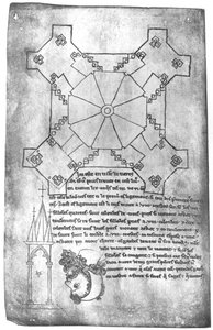 Ms 19093 fol.9v Faksimile kopi af en plan af Laon-katedralens tårn, hovedet af en skægget mand og et gotisk vindue