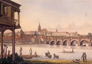 Udsigt over det lille kvarter og Prags borg Hradcany fra Papoueks bad, 1825 (farvet radering)