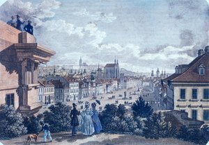 Hestemarked på Wenzelspladsen, Prag, 1835 (farvet stålgravering) af Vincenc and Geissler, F. Morstadt