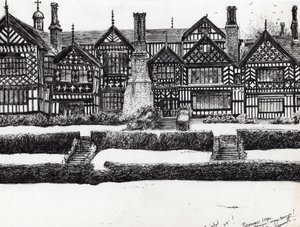 Bramall Hall Bramhall, 2004, (blæk på papir) af Vincent Alexander Booth
