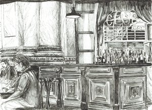 Cafe på Royal Exchange, Manchester, 2011, (blæk på papir) af Vincent Alexander Booth