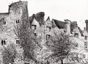 Slotsruin Hay on Wye, 2007, (blæk på papir) af Vincent Alexander Booth
