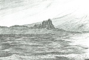 Duart Castle fra færge;2007;(blæk på papir) af Vincent Alexander Booth