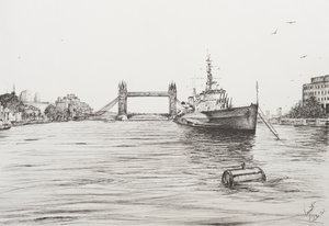 HMS Belfast ved Themsen London, 2006, (Blæk på papir) af Vincent Alexander Booth
