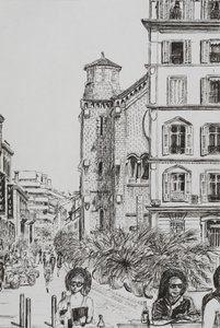 Hotel 5 og Notre Dame Cannes, 2014, (blæk på papir) af Vincent Alexander Booth