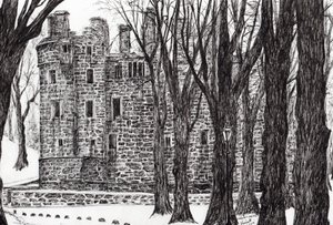 Huntly Castle Scotland, 2007, (blæk på papir) af Vincent Alexander Booth