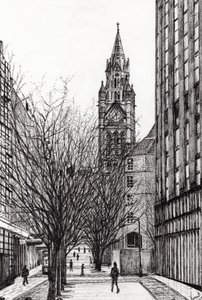 Manchester Town Hall fra Deansgate, 2007, (blæk på papir) af Vincent Alexander Booth