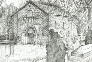 Old Church, Prestbury, 2009, (blæk på papir) af Vincent Alexander Booth