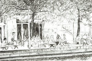 Pitcher and Piano bar Manchester, 2005, (blæk på papir) af Vincent Alexander Booth
