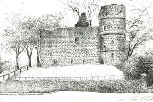 Ruin at Strathaven, 2012, (blæk på papir) af Vincent Alexander Booth