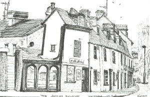 Skrånende bygninger Cambridge, 2003, (Blæk på papir) af Vincent Alexander Booth