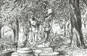 Statue i Jardin Luxembourg Paris, 2003, (Blæk på papir) af Vincent Alexander Booth
