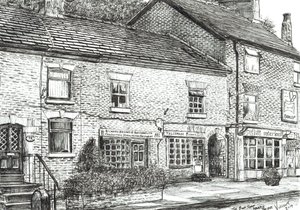 The Book shop at Marple Bridge, 2017, (blæk på papir) af Vincent Alexander Booth